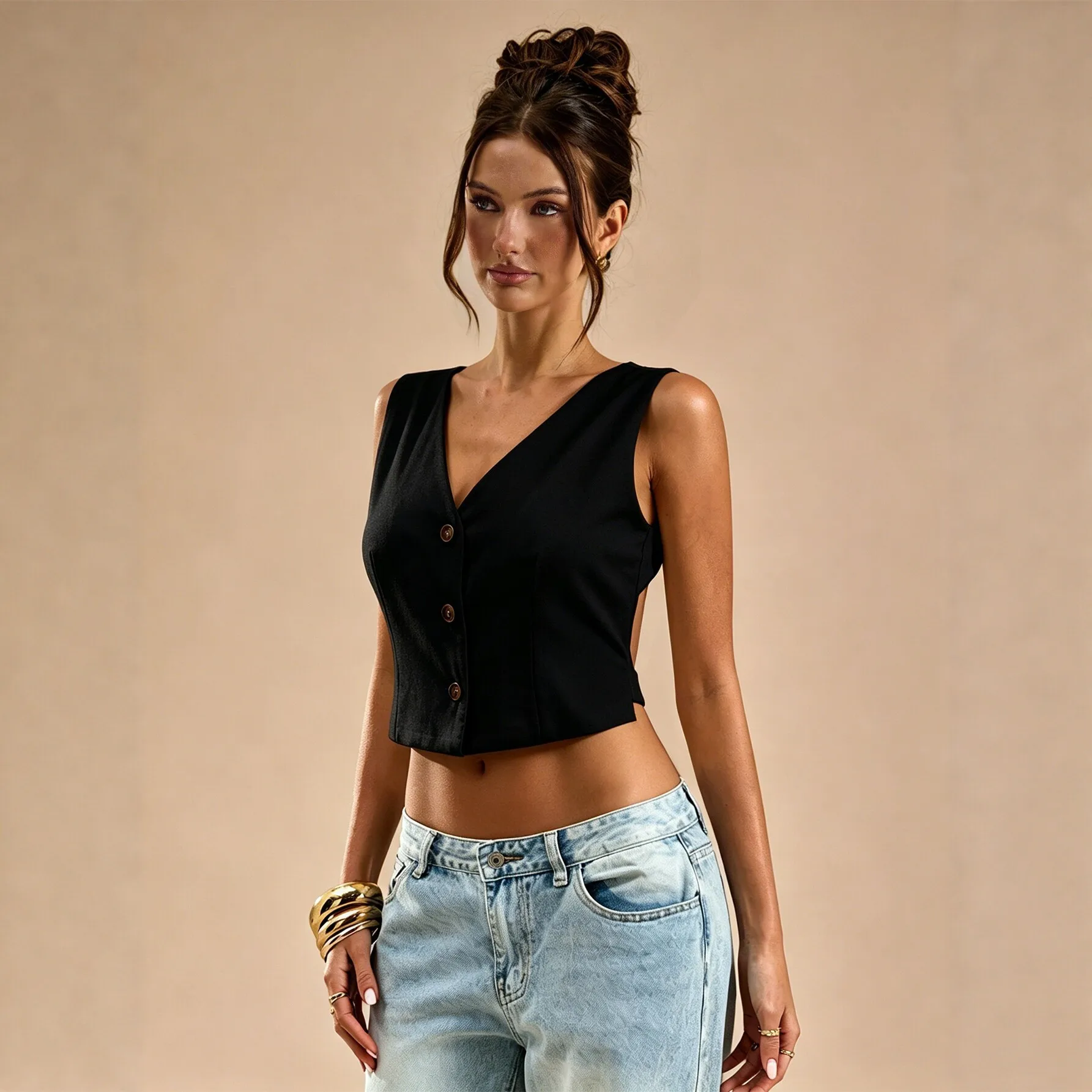 New Hot Style V Neck Sleeveless Top Women Back Cross Button Waist Slim Crop Vest - view 3