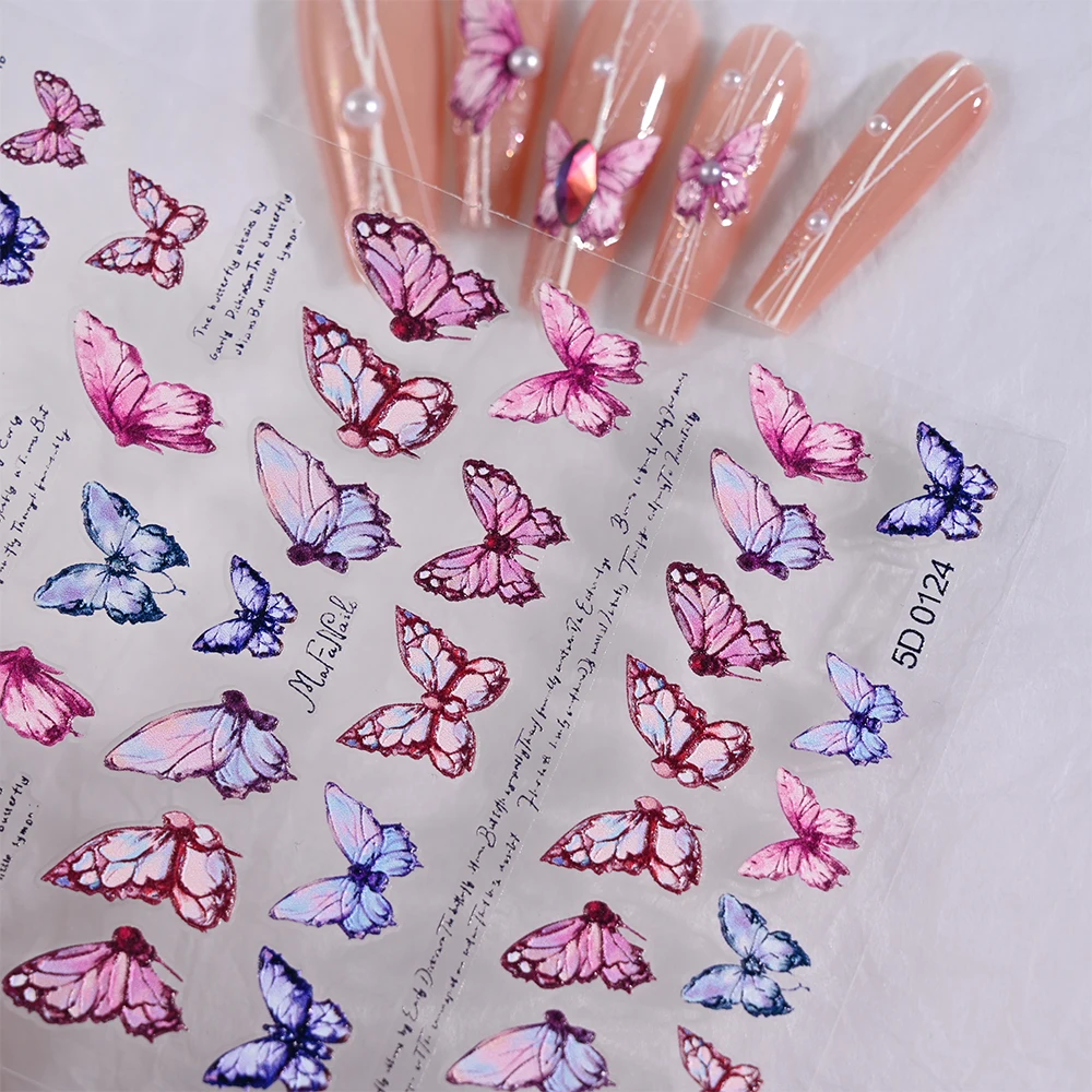 1pcs 5D Roze Vlinder Nail Art Sticker Fairy Vleugels Nail Slider 5D Relief Luxe Vlinder Lijm Manicure Decals Wraps