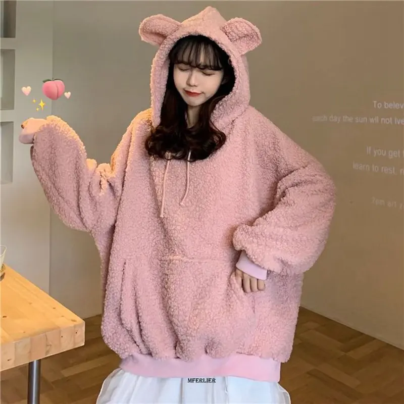 Large Size 6XL 150kg Winter Fleece Hoodies Long Sleeve Solid Color Ear Hooded Tops Large Coat Loose Warm Pullovers