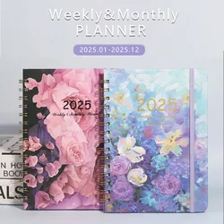 2025 A5 Coil Notebook Planner Floral Leaves Pattern English Book Vintage Cardboard Cover Calendar 52-week Schedule Student Class