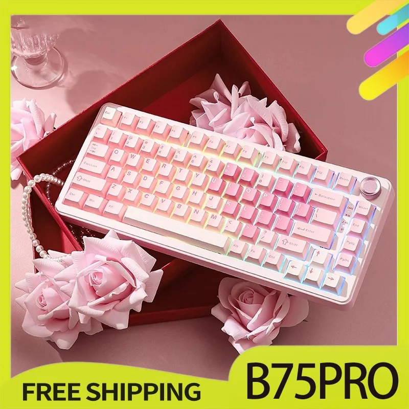 Keynouo B75pro 3mode Keyboard 75% Layout Gasket Structure Rgb Pbt With Metal Knob Mechanical Keyboard Customized For Game Office