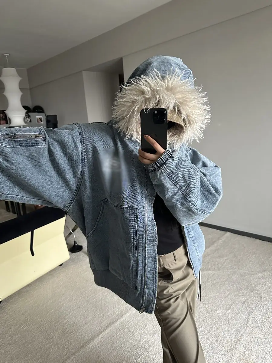 

Women's Fur Collar Hooded Denim Jacket Vintage Style Autumn Winter New Solid Color Female Oversize Zipper Long Sleeves Coat