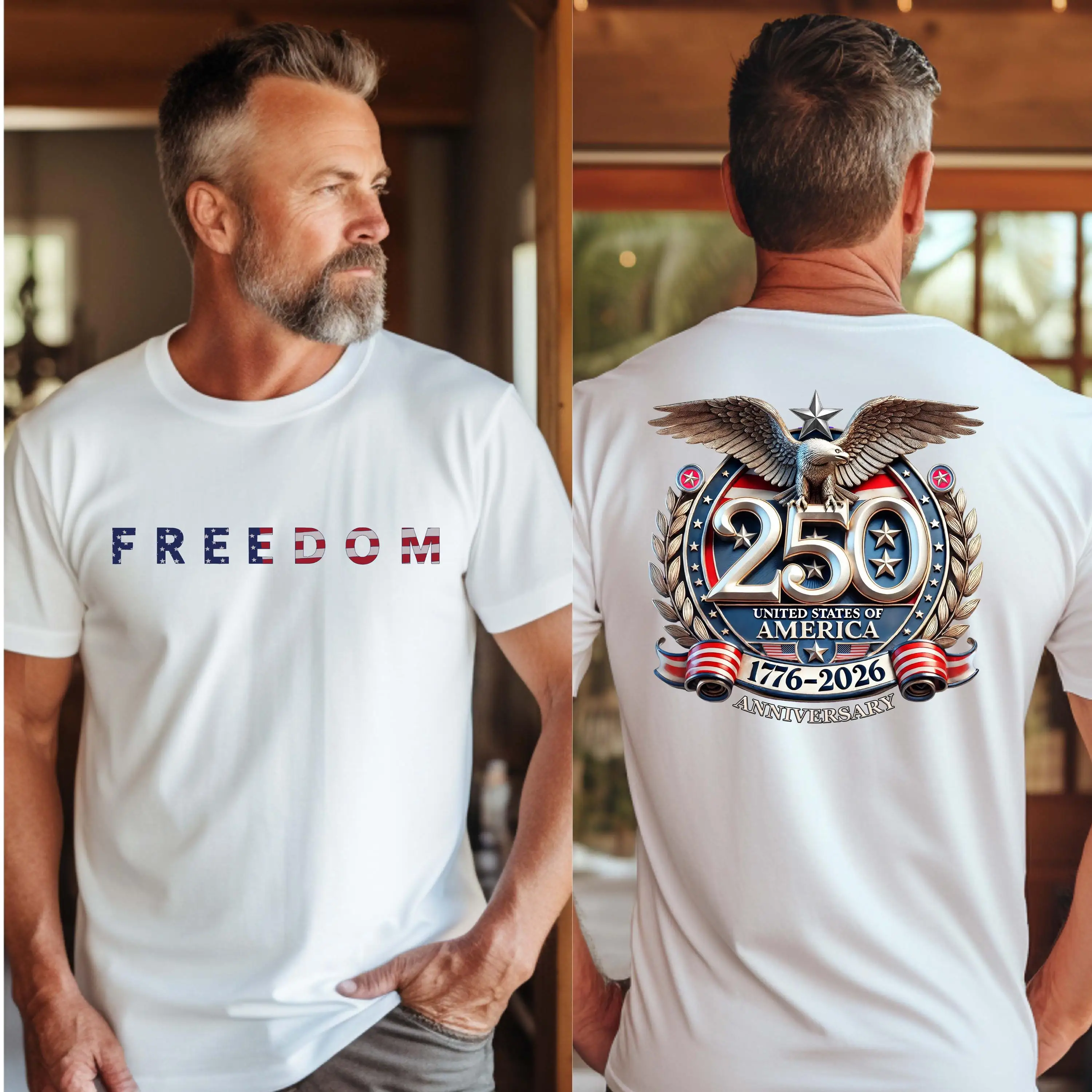 Men Freedom USA Flag Letter Front Back Print T Shirt America 250th Anniversary 1776-2026 Eagle Patriotic Casual Cotton Short