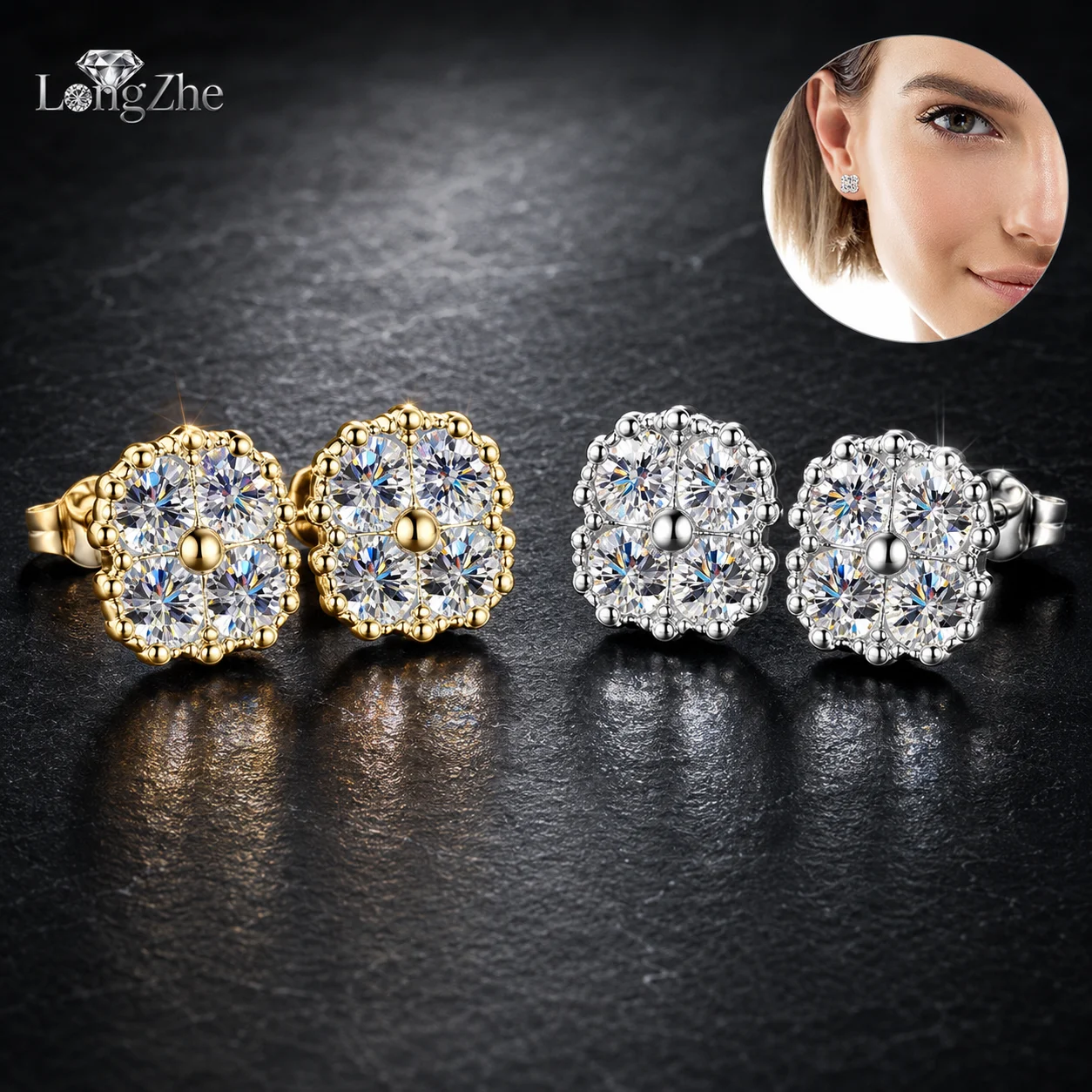 LongZhe S925 Silver Moissanite Clover Stud Earrings 0.4CT+0.4CT 3mm D Color GRA Diamond Tester Passed Women Gift Fine Jewelry