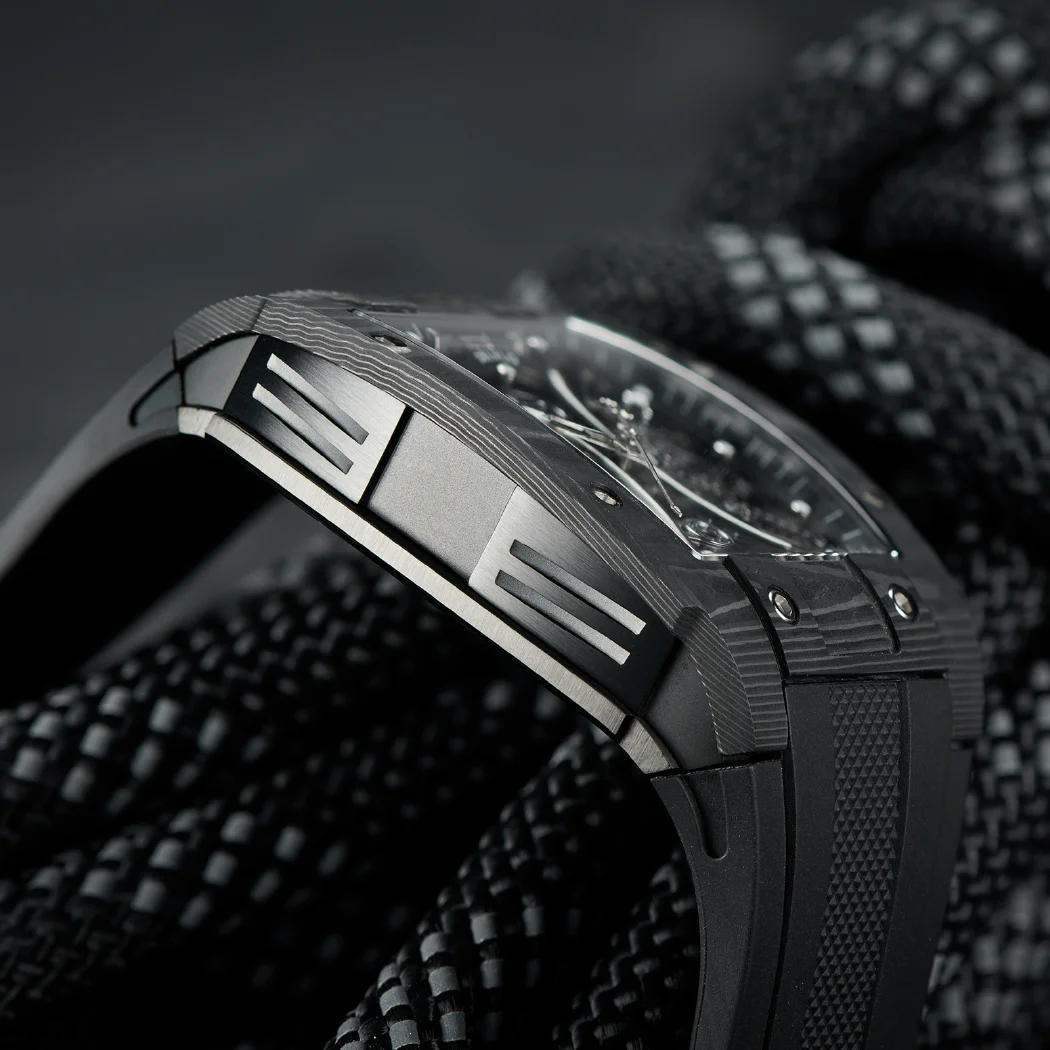 OBLVLO Top Brand Automatic Mechanical Watch For Men Fashion Skeleton Luminous Wine Barrel Carbon Fiber Case Rubber Strap EM-S