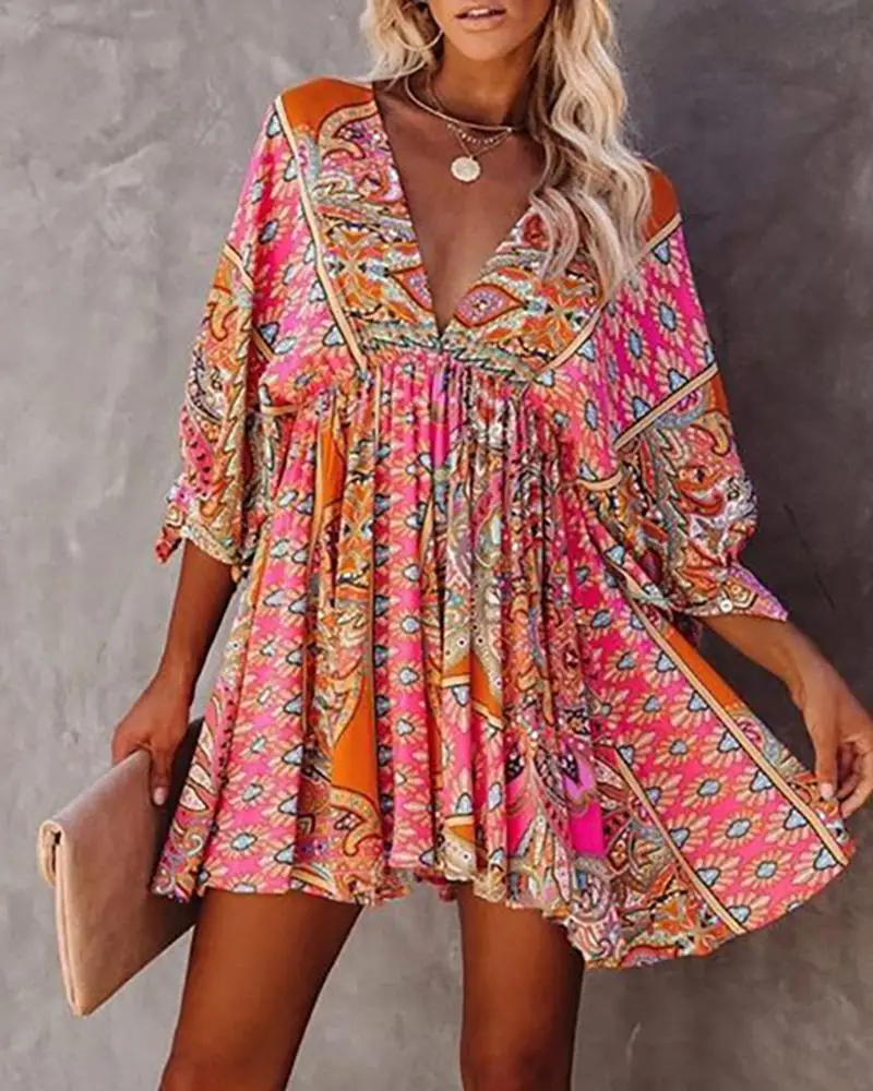 

Women Retro Printed Sexy V-Neck Robe Summer Boho Fashion Party Dresses Flare Sleeve Vestidos Autumn Beach Elegant Dress