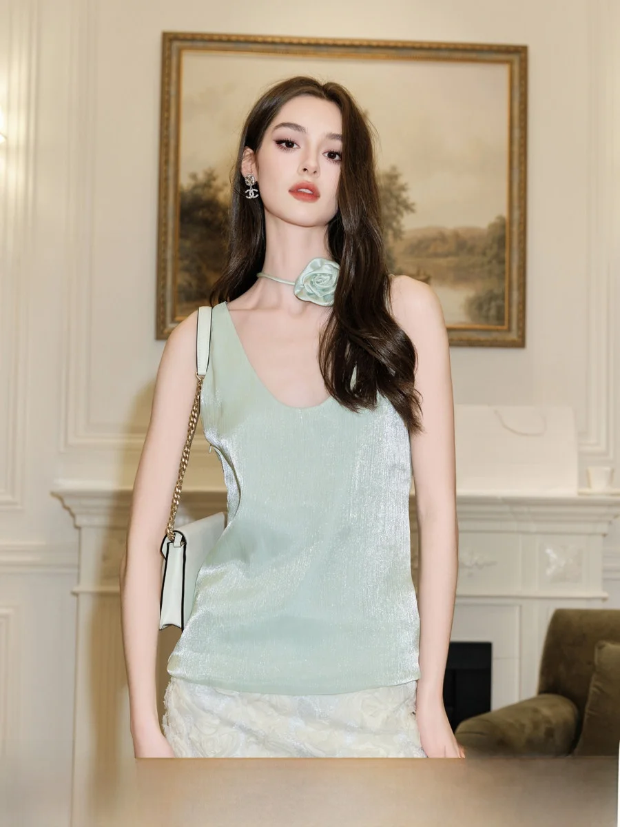 

KeaJiang Luxury Acetate Shiny Flower Sleeveless Vest Women's Versatile Slimming Commuting Original Design U-neck Thin Summer