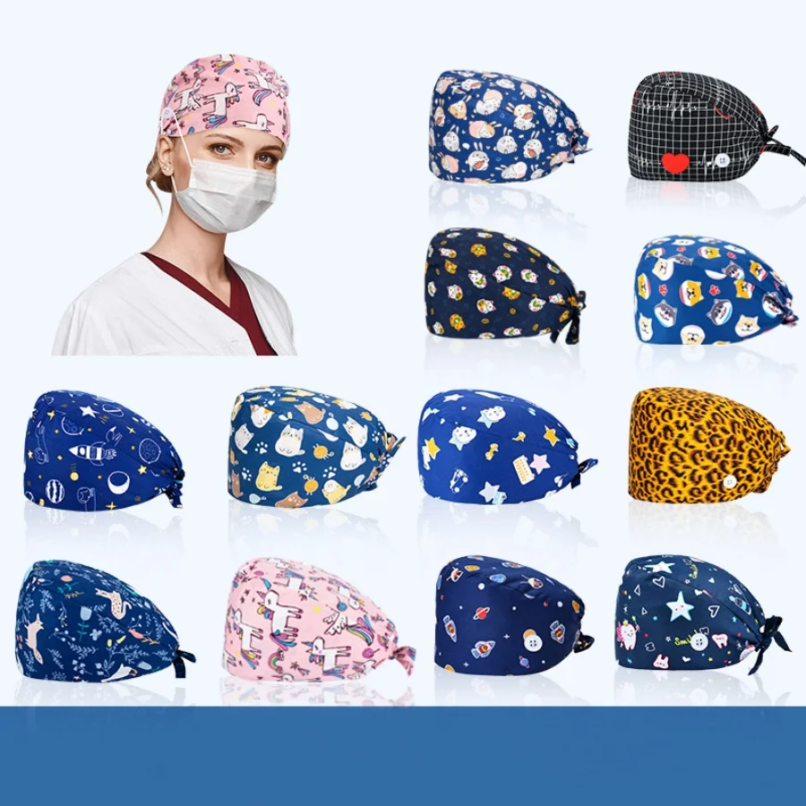 Fashionable Printed Cotton Work Cap - Elastic Nurse Turban Hat with Adjustable Button - Perfect for Surgical & Everyday Use