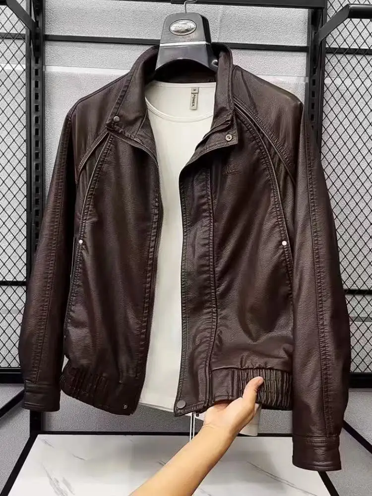 

Новая мужская кожаная куртка 2025 года с воротником, повседневная, универсальная, тонкая, простая, верхняя одежда, приталенная, с длинными рукавами, на молнии