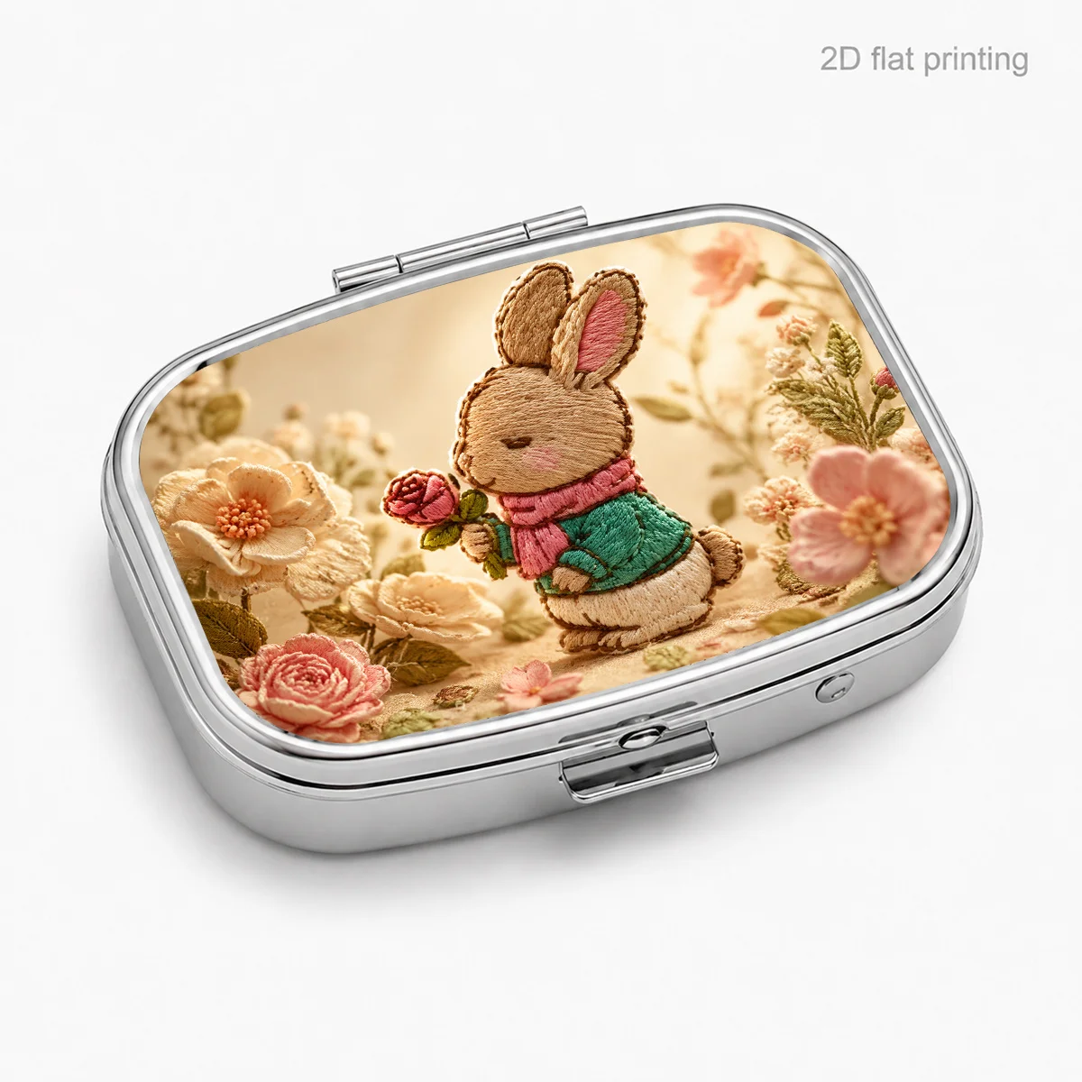 Embroidered Scarf with Cute Bunny and Flower Patterns, Portable Pill Box for Daily Travel, Square Moisture-Proof Small Pill Box, Multifunctional Storage Box for Vitamins and Supplements, Small Jewelry Organizer, Waterproof Pill Storage Box, Holiday Gifts, Souvenirs, Prizes, Small Gifts, Suitable for Personal Use or as an Exquisite Gift Choice