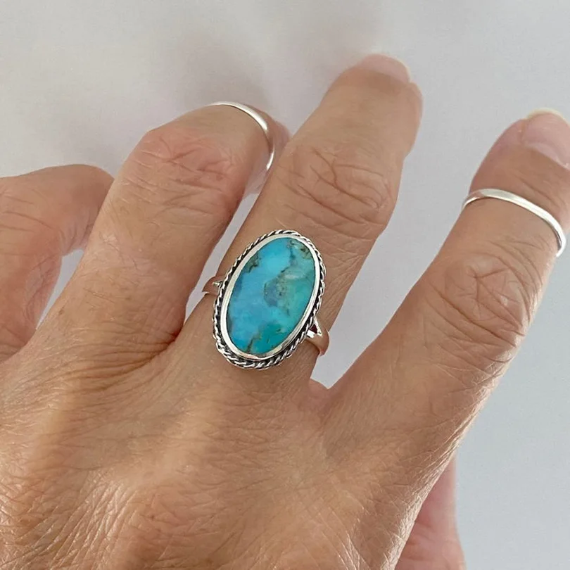 1pc Boho Turquoise Rings Hippie Stainless Steel Blue Gemstone Silver Color Adjustable Ring Women Chunky Rings Bohemian Jewelry