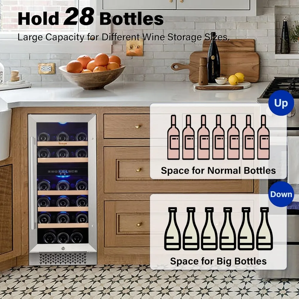 Wine Fridge Dual Zone 15 Inch, 28 Bottles Wine Cool Refrigerator with Glass Door & Safety Lock, Built-in/Freestandin