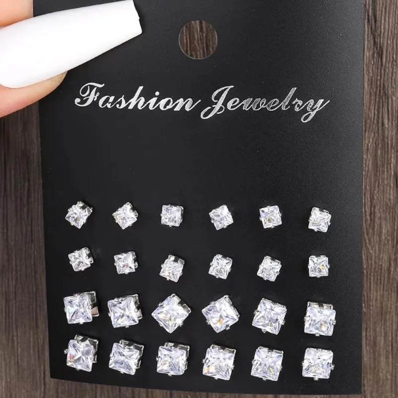 

Six Claw Crystal Zircon Earrings Inlaid with Colorful Diamonds, Fashionable 12 Pair Combination Card Earrings