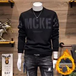 Men Trendy Simple Letter Print Fleece Thick Warm All Match Sweatshirt Autumn Winter Round Neck Long Sleeve Loose Pullover Hoodie