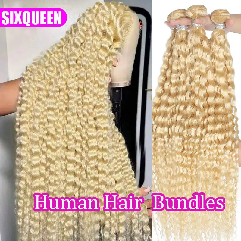 

613 Curly Bundles Human Hair 24 26 28 Inch Deep Wave Hair Extensions Double Weft Blonde 613 Colored Human Hair Bundles Unprocessed Brazilian Virgin Hair Quick Weave for Black Women