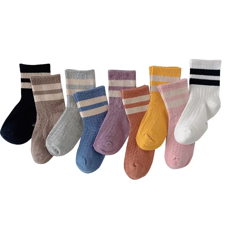 1 Pair Calf Sock for Children Boy Girl Socks Spring Autumn Cotton Socks Solid Color Striped Calf Sock for 3-11 Years Baby Stuff