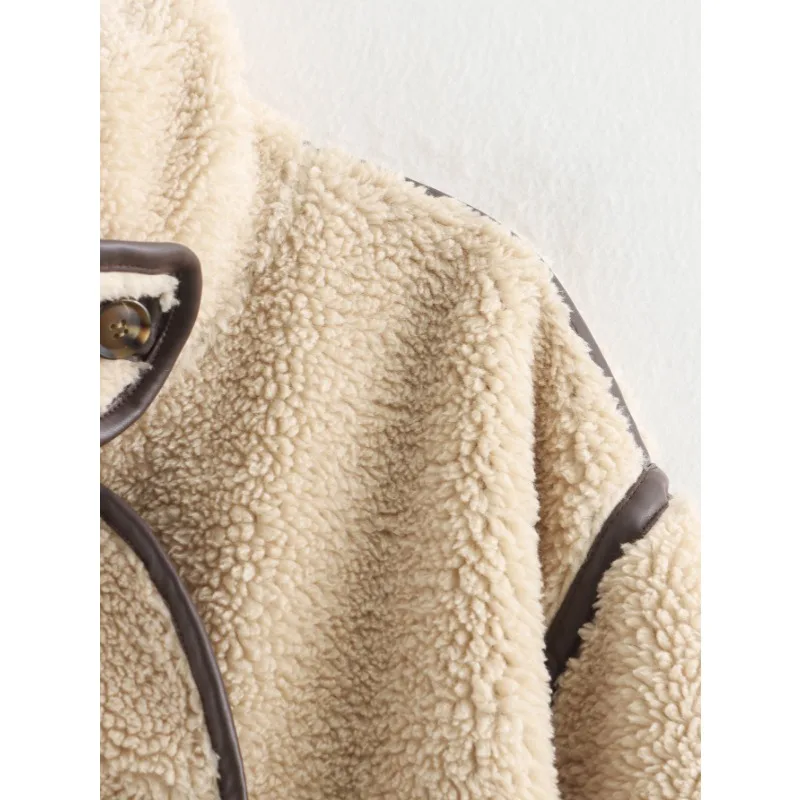 Outono inverno casaco de lã retalhos jaqueta quente feminina jaqueta de pele sintética de manga comprida topo fofo solto único breasted na moda