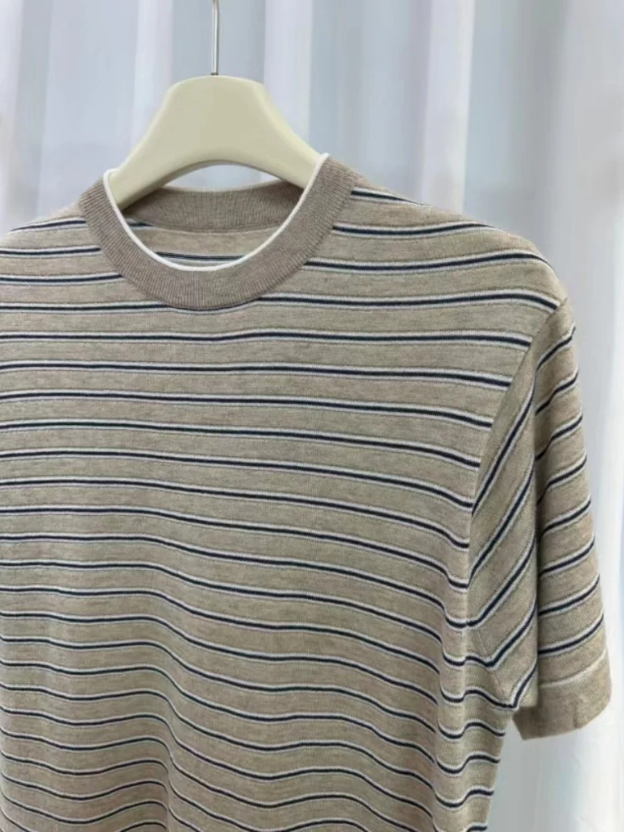 24 Summer New B/C Women's Round Neck T-shirt Striped Contrast Color Wool Slim Round Neck Loose Short Sleeve Top