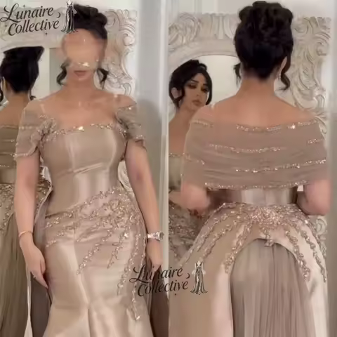 Lunaire.C Customized Saudi Women's Evening Dress for Special Occasions Champagne Satin Prom Dress Beads Party Luxurious