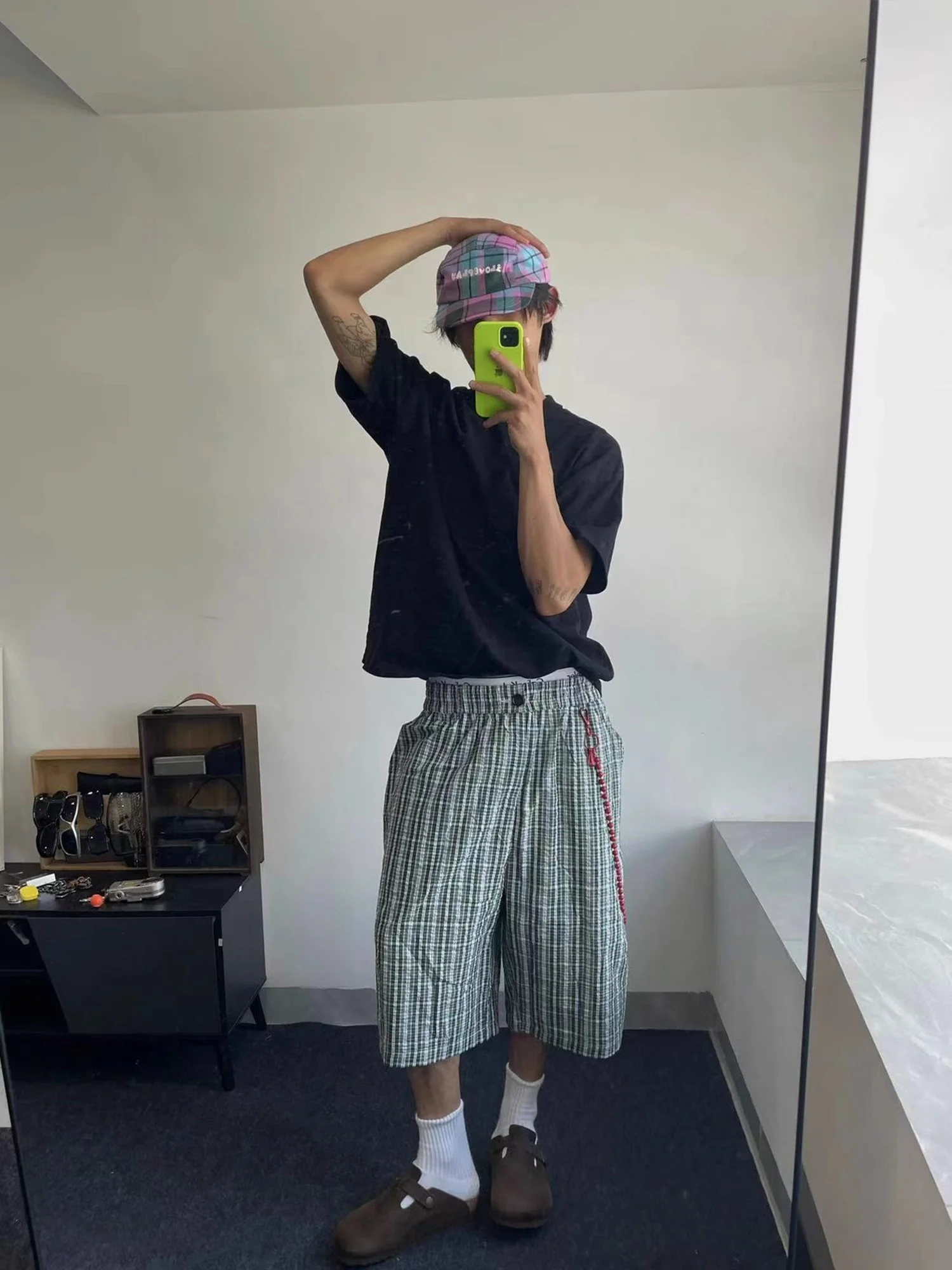 

American Retro ey een Plaid Casual orts Loose Wide Leg Seven-Foot Pants Men Women Summer Trendy Lazy Sle orts
