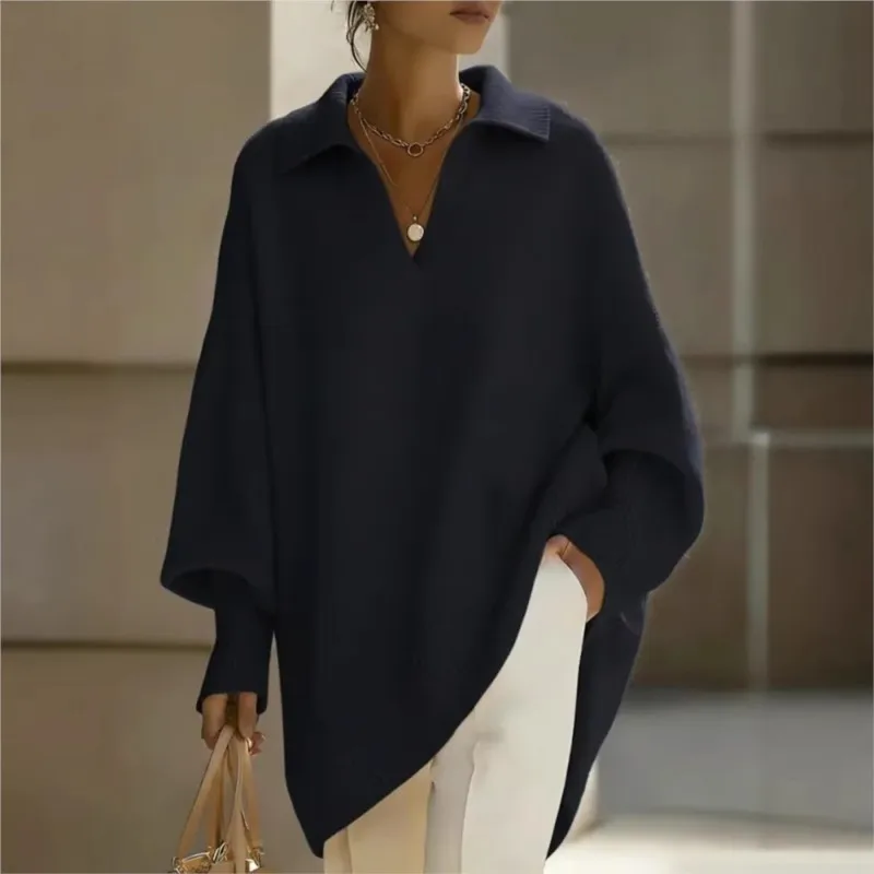 Women's Knitted Sweater Polo Collar Vintage Pullover Soft Warm Casual Long Oversize Sweaters For Women Clothes Spring Autumn view 3