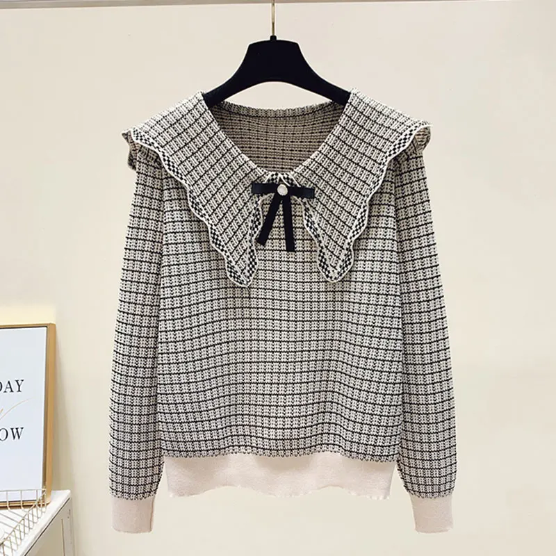 Plaid Vintage Acrylic Knitted Peter pan Collar Pullover Women\'s Sweater Long Sleeve Female Sweaters Tops Woman Clothing Fashion