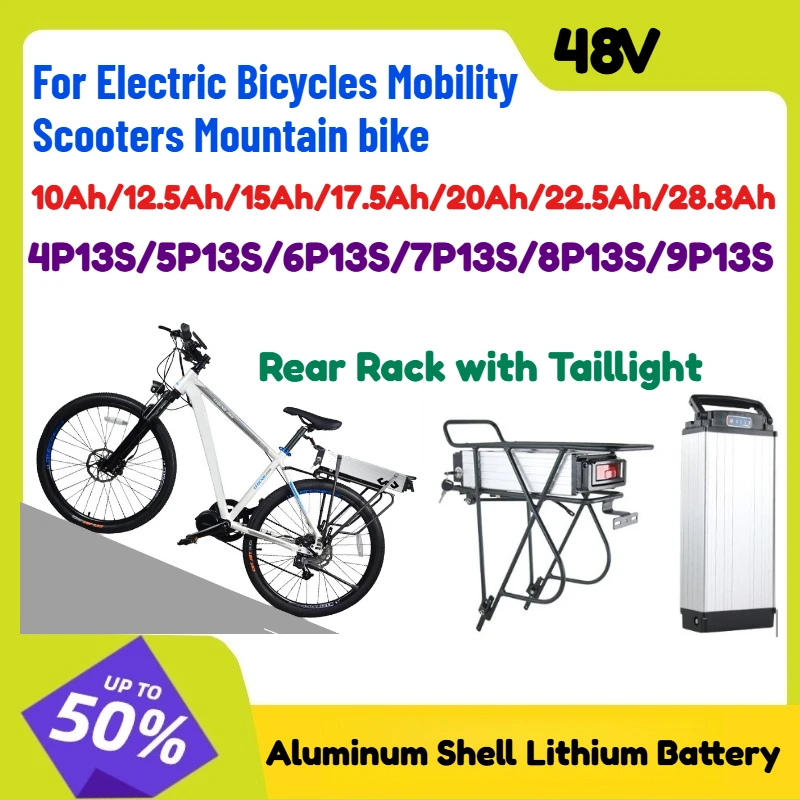 48V 28.8Ah 9P13S Aluminum Shell Lithium Battery Rear Rack with Taillight for Electric Bicycles Mobility Scooters Mountain bike