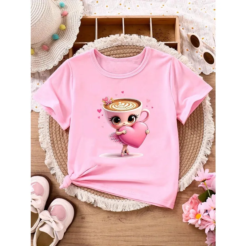 2026 جديد راقصة الباليه كابتشينا الأطفال عادية قصيرة الأكمام تي شيرت مع الحروف الذهبية الكرتون راقصة الباليه كابتشينو طباعة #3