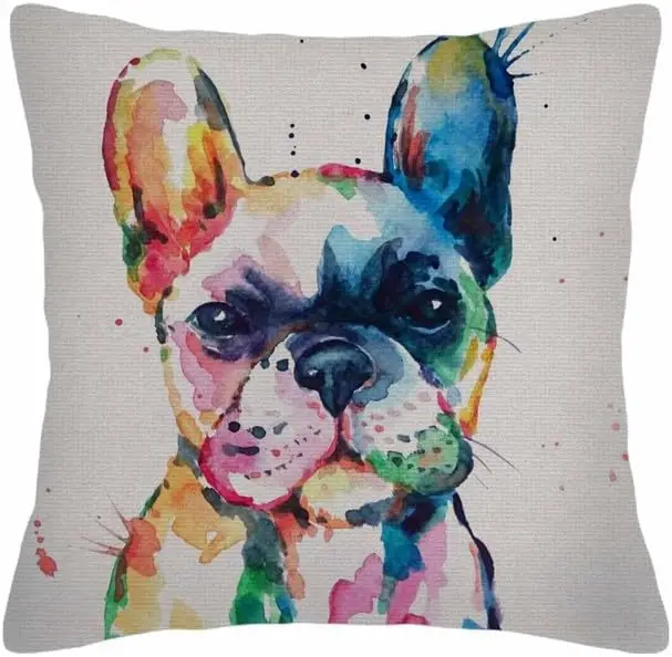 Fodere per Cuscini Decorativi con Bulldog Francese, Dipinto ad Acquerello Originale, Cane Selvatico, Arcobaleno, Cucciolo Divertente e Felice, Cuscino Decorativo
