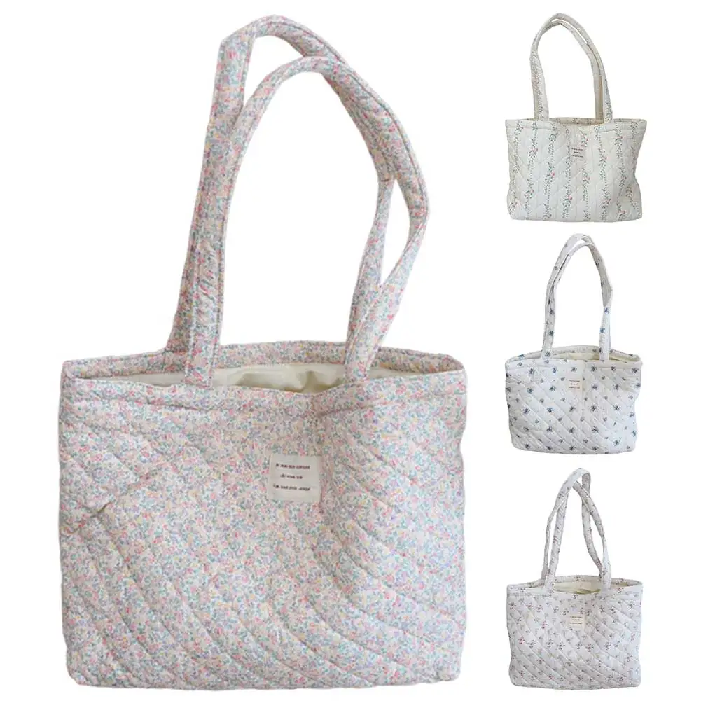 

Women Quilted Trendy Carrying Bag Large Capacity Stylish Commuting Bag Lightweight Floral Shoulder Bag Cotton Puffy Tote Handbag