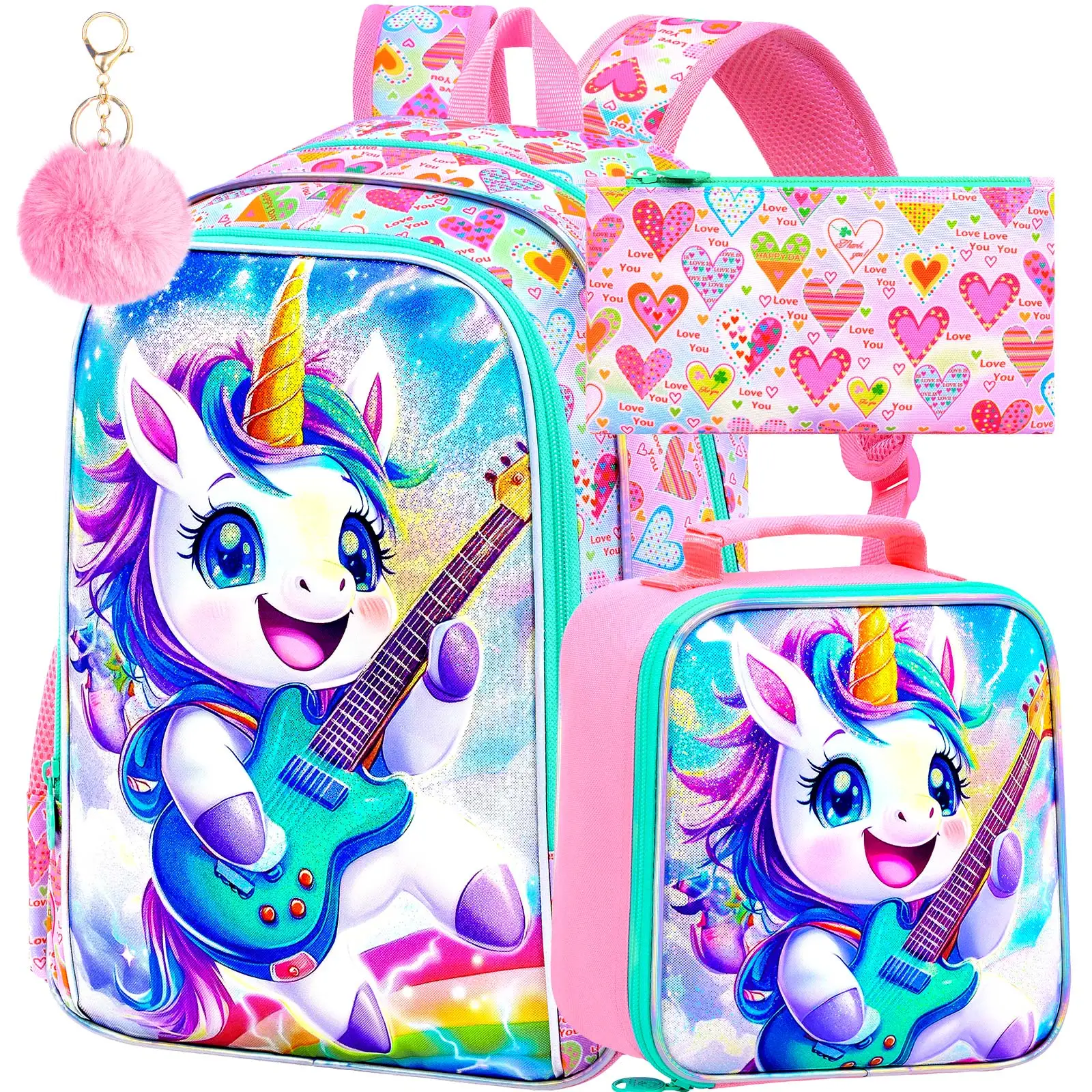 

Рюкзаки из 3 предметов для девочек, 16-дюймовый единорог для начальной школы играет на гитаре, школьные сумки для книг и ланч-бокс