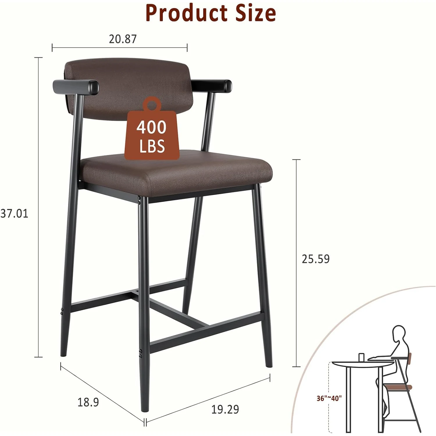 2PCS 26" Counter Height Barstools Set with Back & Footrest Modern Metal Bar Stools Wide Seat for Counter Bar, Kitchen Island