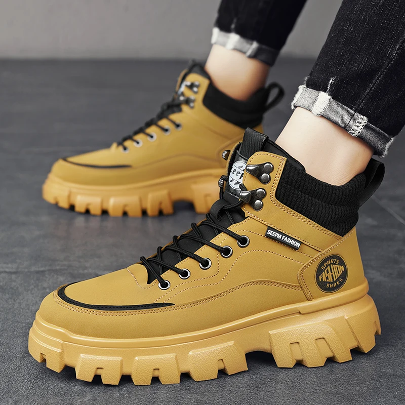 

High Top Boots Men Leather Shoes Fashion Motorcycle Ankle Military Boots For Men Winter Boots Man Shoes Lace-Up Botas Hombre