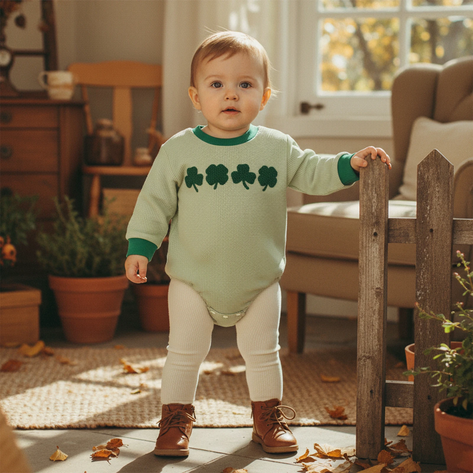 

Suefunskry Irish Festival Baby Rompers Comfortable Long Sleeve Round Neck Shamrock Embroidery Plaid Jumpsuit