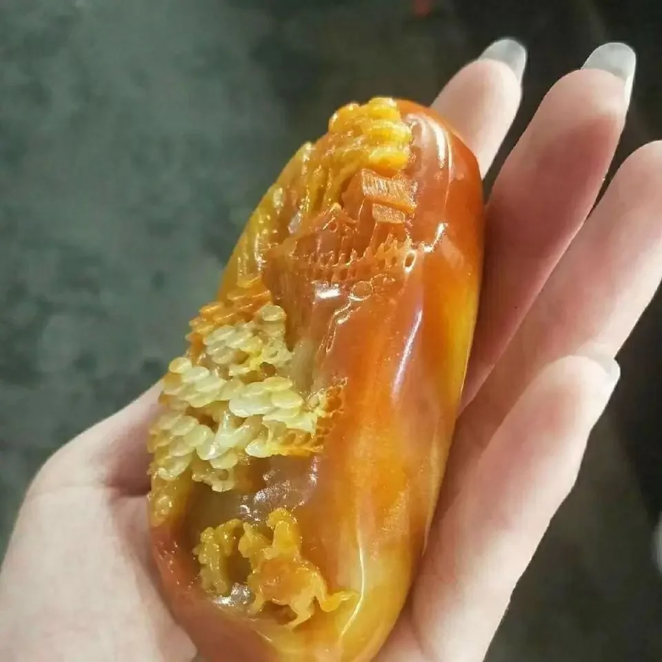 Chinese Antique Huanglong Jade Carving Landscape Figure Handlebar Piece