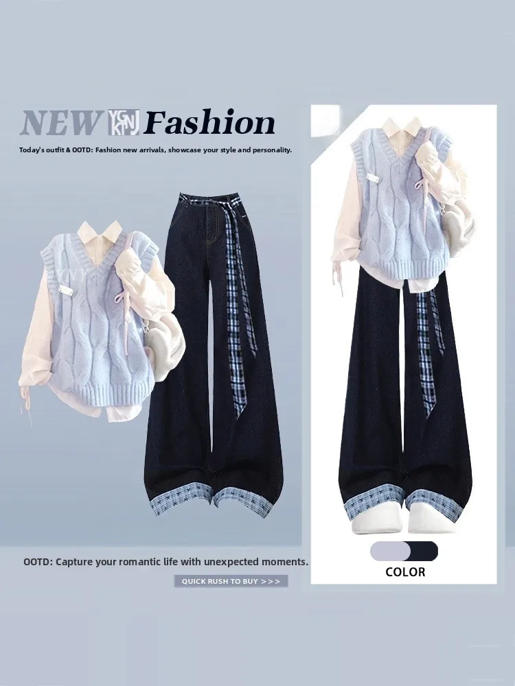 

Корейский женский вязаный жилет и джинсовый комплект из футболки, осенний модный студенческий многослойный дизайн Sense irt Matching