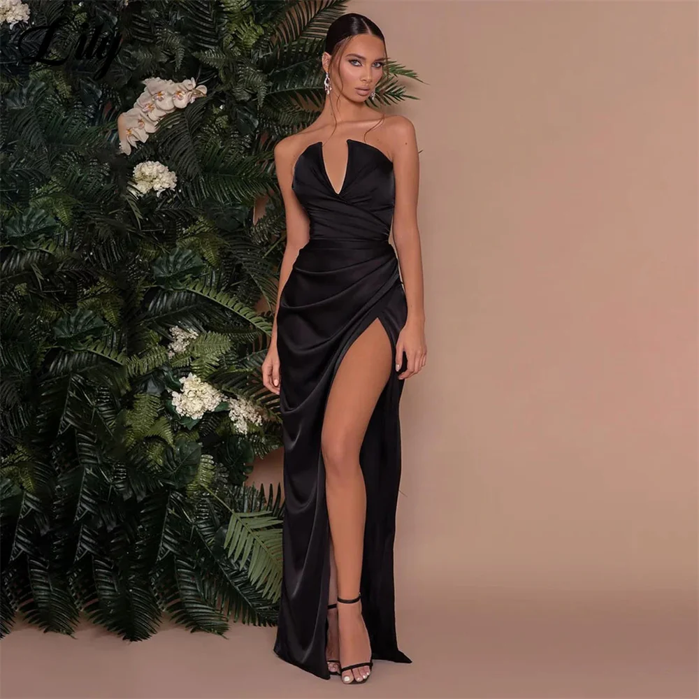 Lily High Split Black Prom Dresses V Neck Sleeveless Party Dresses Pleat Stain robes de soirée Floor Length Evening Dresses