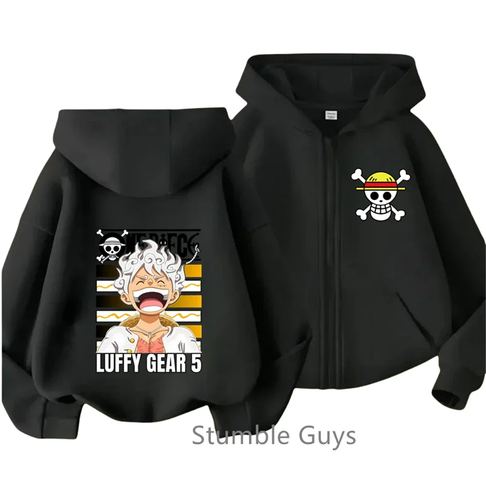 One Pieces Zipper Hoodie Kids Cartoon Print Clothes Anime Long-sleeved Luffy Zoro Hooded Sweatshirt Casual Top for Boys Girls