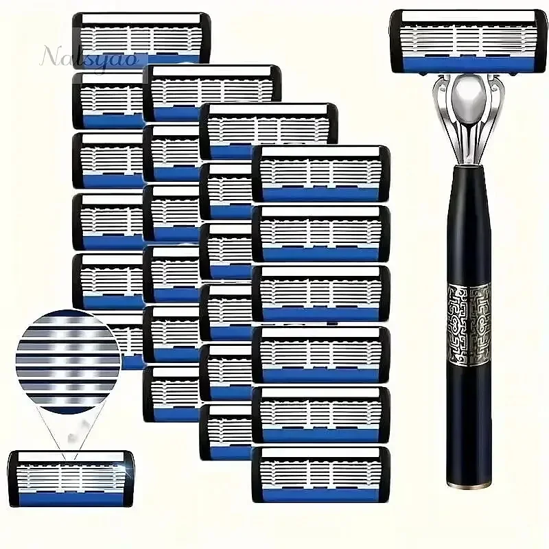 Washable 6-Layer Metal Manual Razor for Men, Stainless Steel Blade, Hand Guard, Metal Razor Holder, Reusable Beard Trimmer