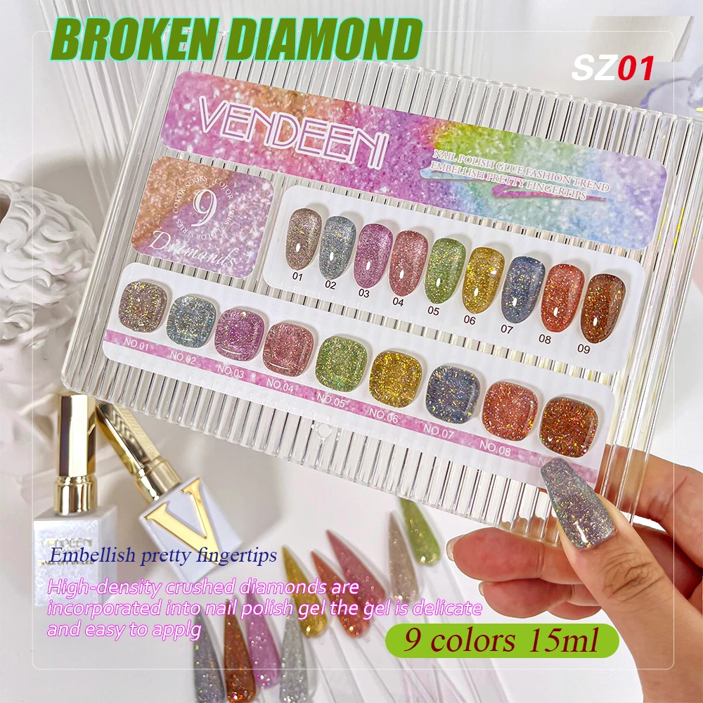 Vendeeni 9 Colors/set Candy Colors Glitter Broken Diamond Gel Nail Polish Soak Off UV DIY Sparkling Varnish For Nail Manicure