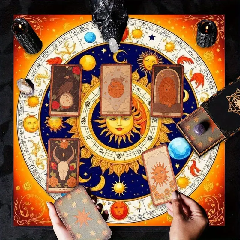 VIKAMA Retro Sun Moon Planet Yellow Path Star Wheel Tarot Tablecloth Ceremony Tarot Card Divination Table Mat Card deduction