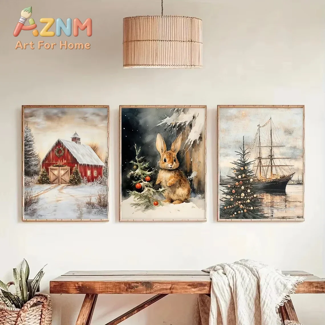 Modern winter scenery festival wall painting, snowy cabin, pine tree, white horse, canvas painting print, Christmas home decor