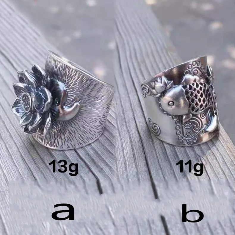 100% s999 Sterling Silver Carp lotus elephant wide face ring couple retro manual opening adjustable