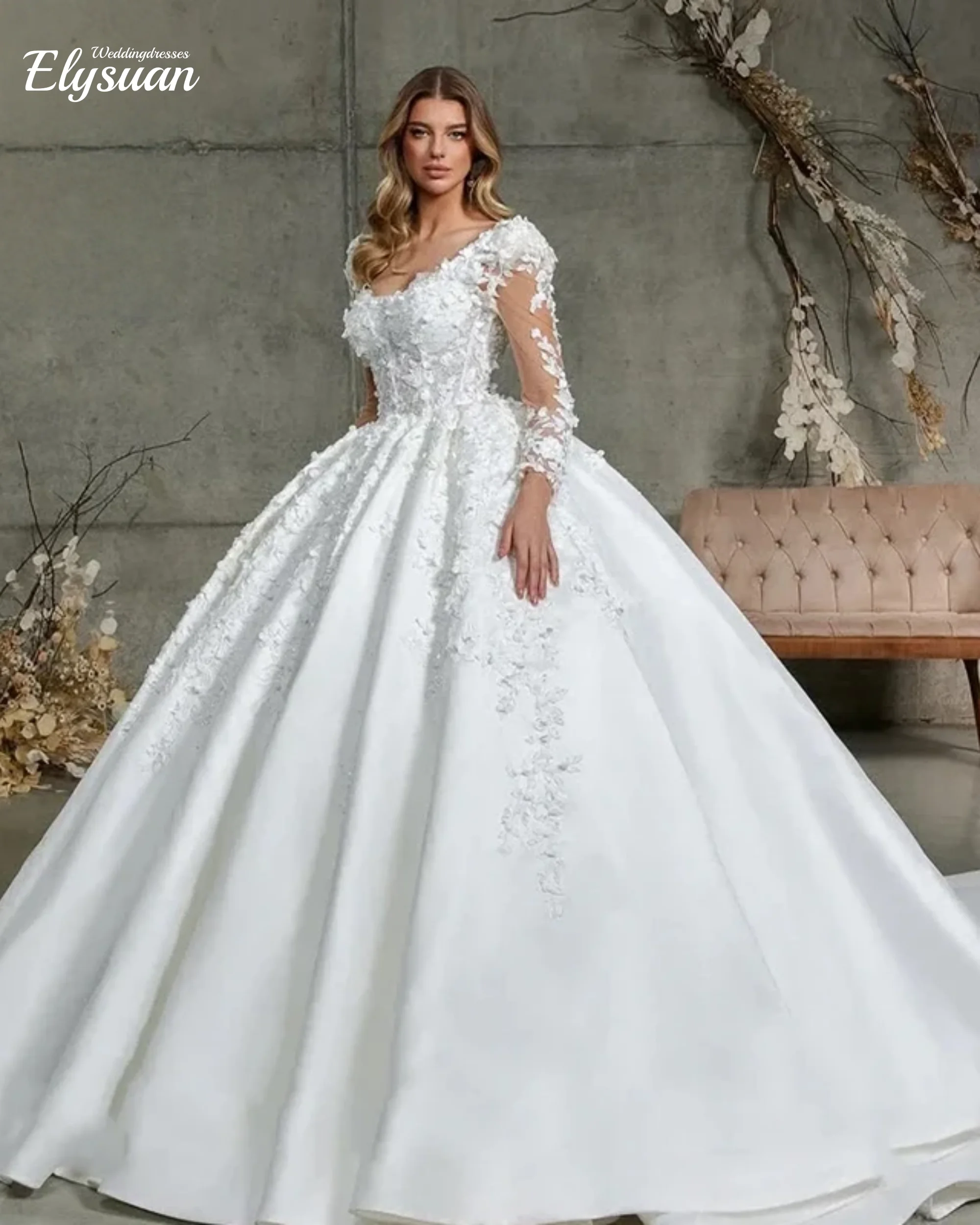 

Customized Elegant Satin Scoop Ball Gown Wedding Dresses Full Sleeves Beading Pearls Appliques Lace Bridal Vestidos de Novia