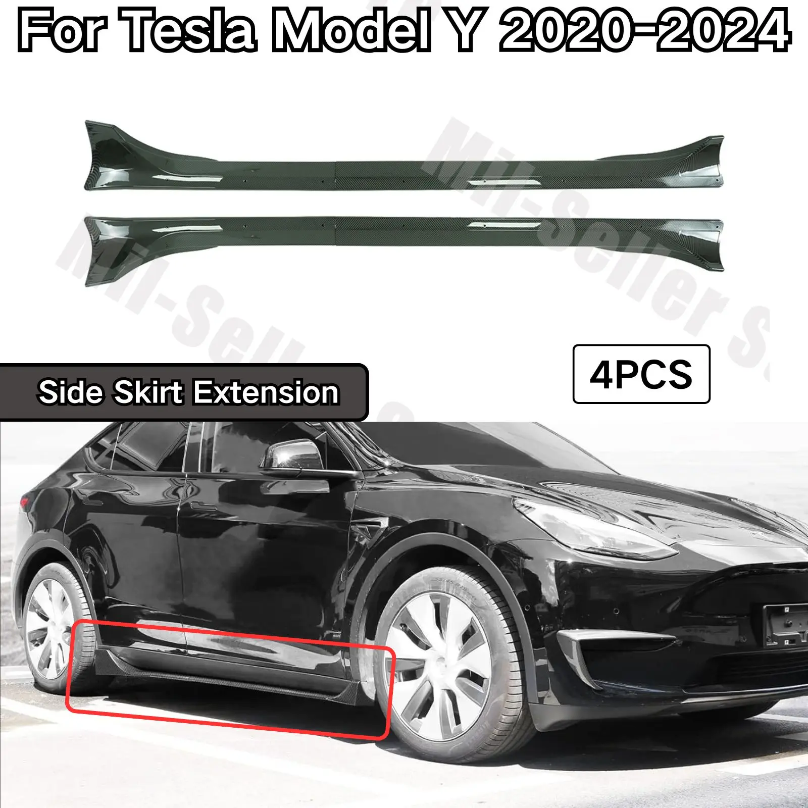 Side Skirt For Tesla Model Y 2020 2021 2022 2023 2024 Cars Accessories Tesla Body Kits ABS Glossy Black Carbon Fiber Print