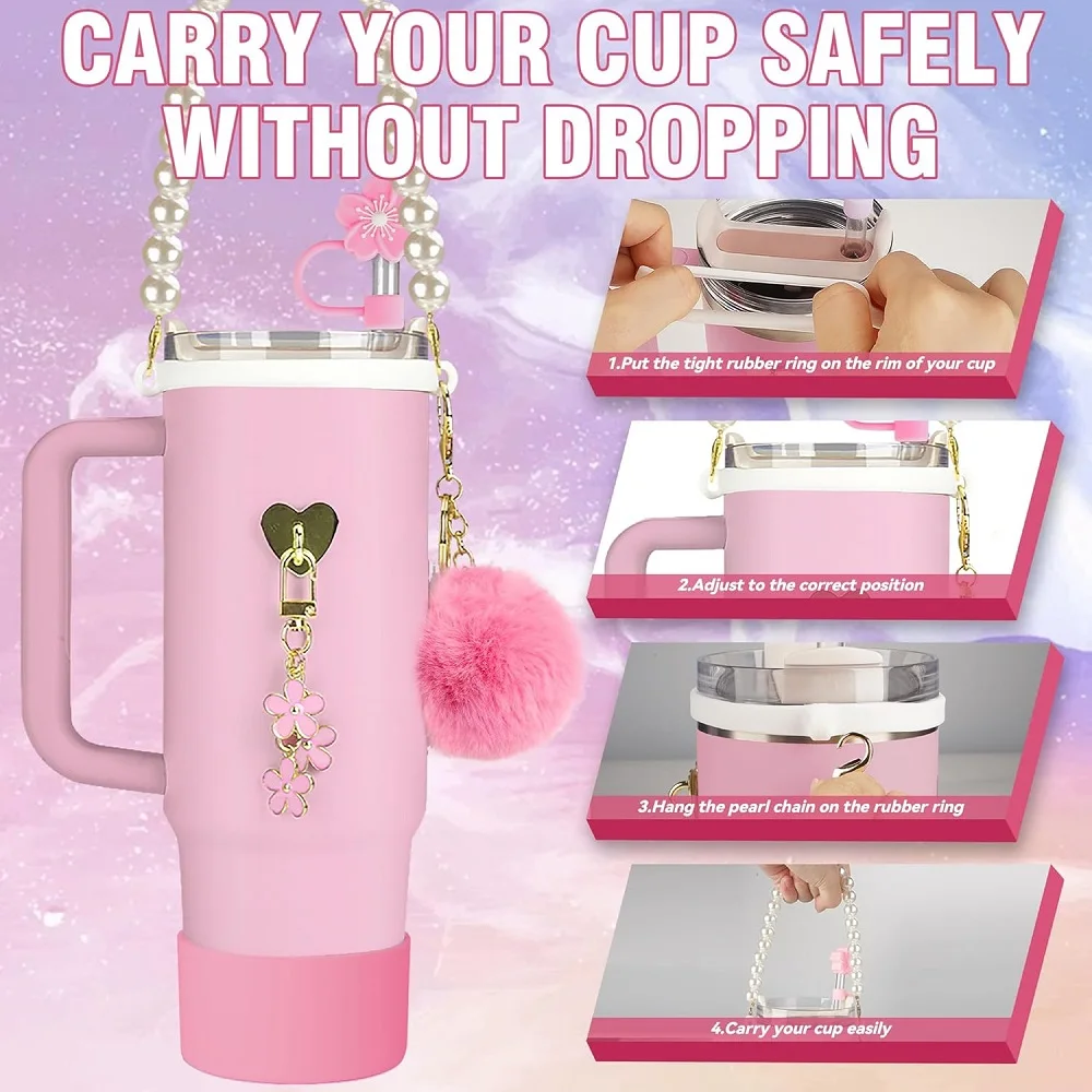 7Pcs Cup Accessories Set for 40oz Stanley - Water Bottle Handle Strap,Silicone Flower Straw Topper Cover Cap, Silicone Boot
