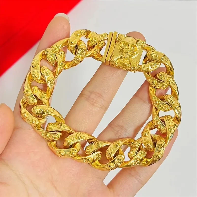 NovaGlod 9999 24K Real Gold Skull Cuban Bracelet Men's Boss Bracelet Personalized Trendy Horse Whip Clamping Hand Dress