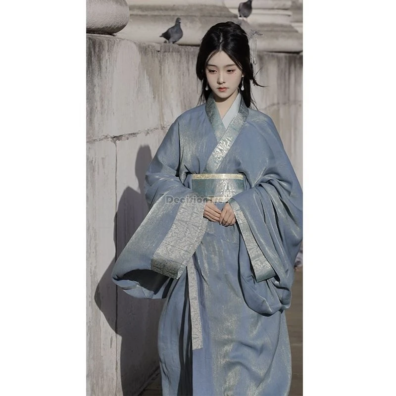 

2025new chinese traditional style ancient weijin dynasty costume set women big sleeve cross collar hanfu robe floor-length hanfu