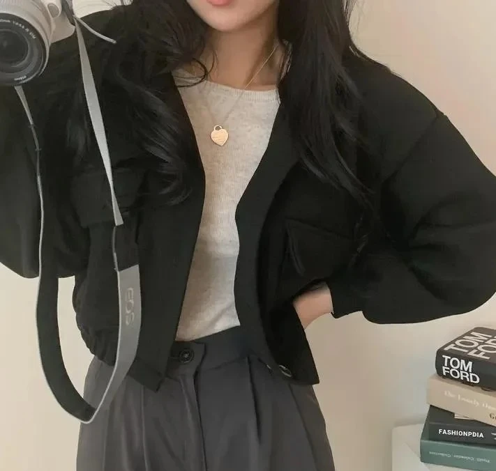 

Осенне-зимняя свободная повседневная универсальная куртка с воротником-стойкой и одной пуговицей с длинными рукавами, повседневная женская куртка для ленивых