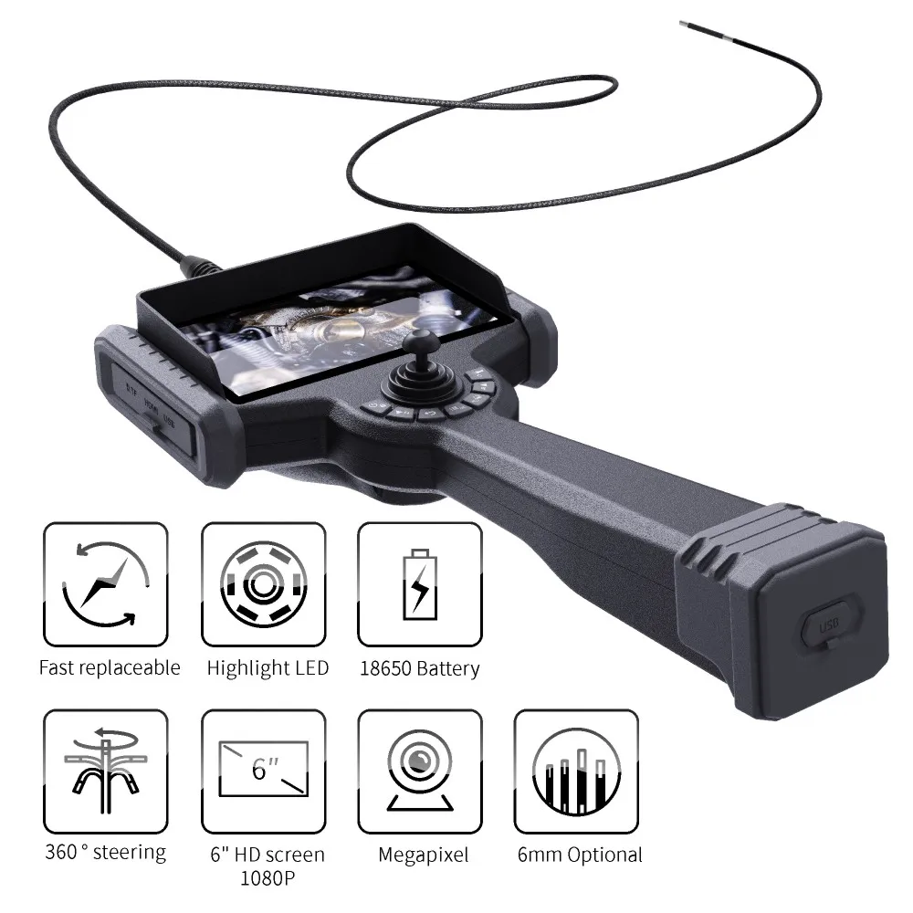 Articulating Borescope Industrial Endoscope 6mm IP67 LED Lighting Touch Screen Videoscope 360 Degree Steering  Camera